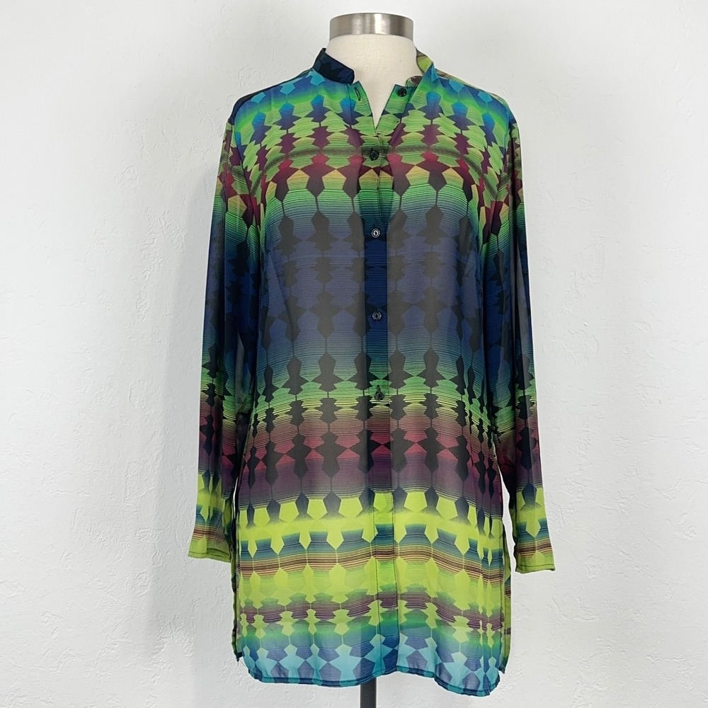 Vintage Rave EDM Festival Tunic Top Medium Oversized Colorful Sheer Boxy Button